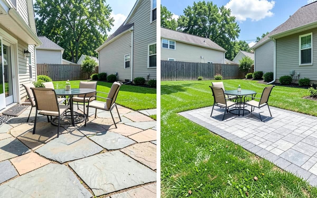 Side-by-side comparison of a flagstone patio and a concrete paver patio in a backyard