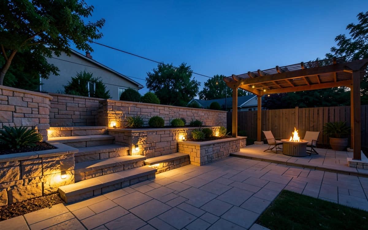 Paver patio and stone wall lit with warm landscape lighting at dusk