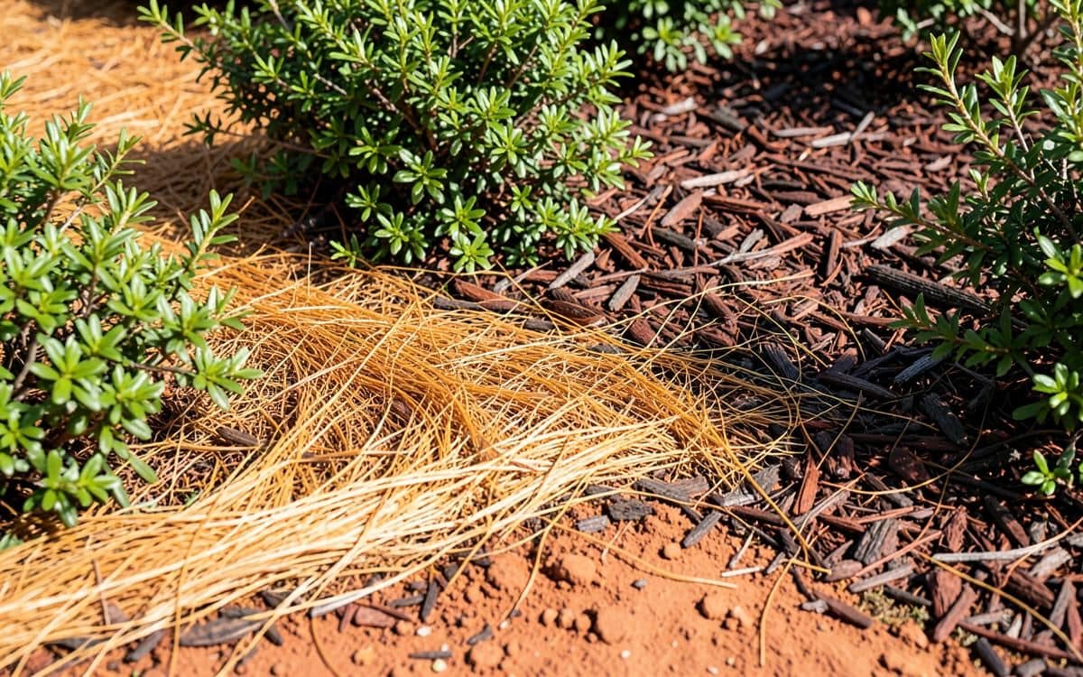 Landscape bed split between golden pine straw and dark hardwood mulch on Georgia clay