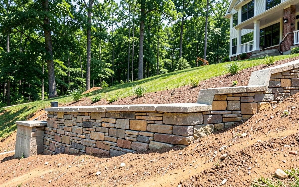 Natural stone retaining wall under construction on a sloped North Georgia yard