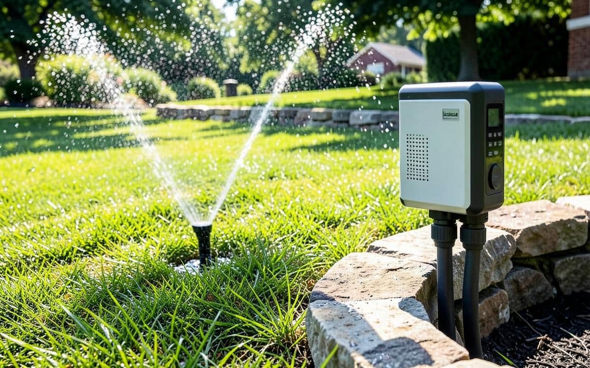 Smart irrigation controller and sprinkler watering a green lawn beside a stone border