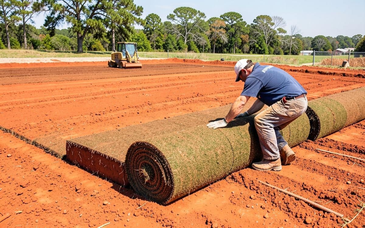 Worker unrolling fresh sod over freshly graded Georgia clay soil