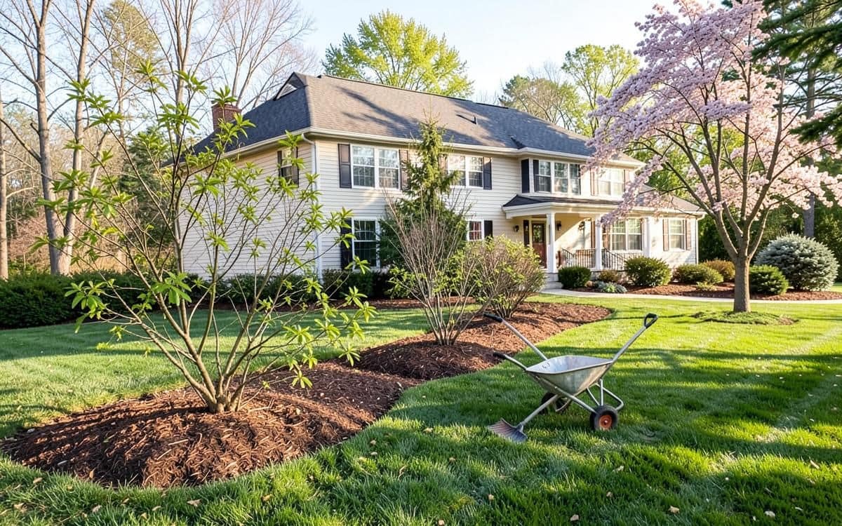 Spring clean-up with fresh mulch beds, pruned shrubs and blooming trees