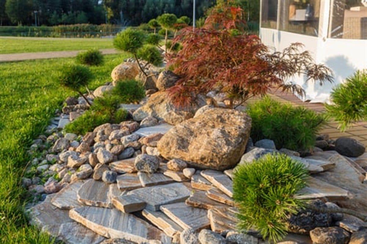Landscape boulder wall and rock garden with ornamental grasses and a Japanese maple
