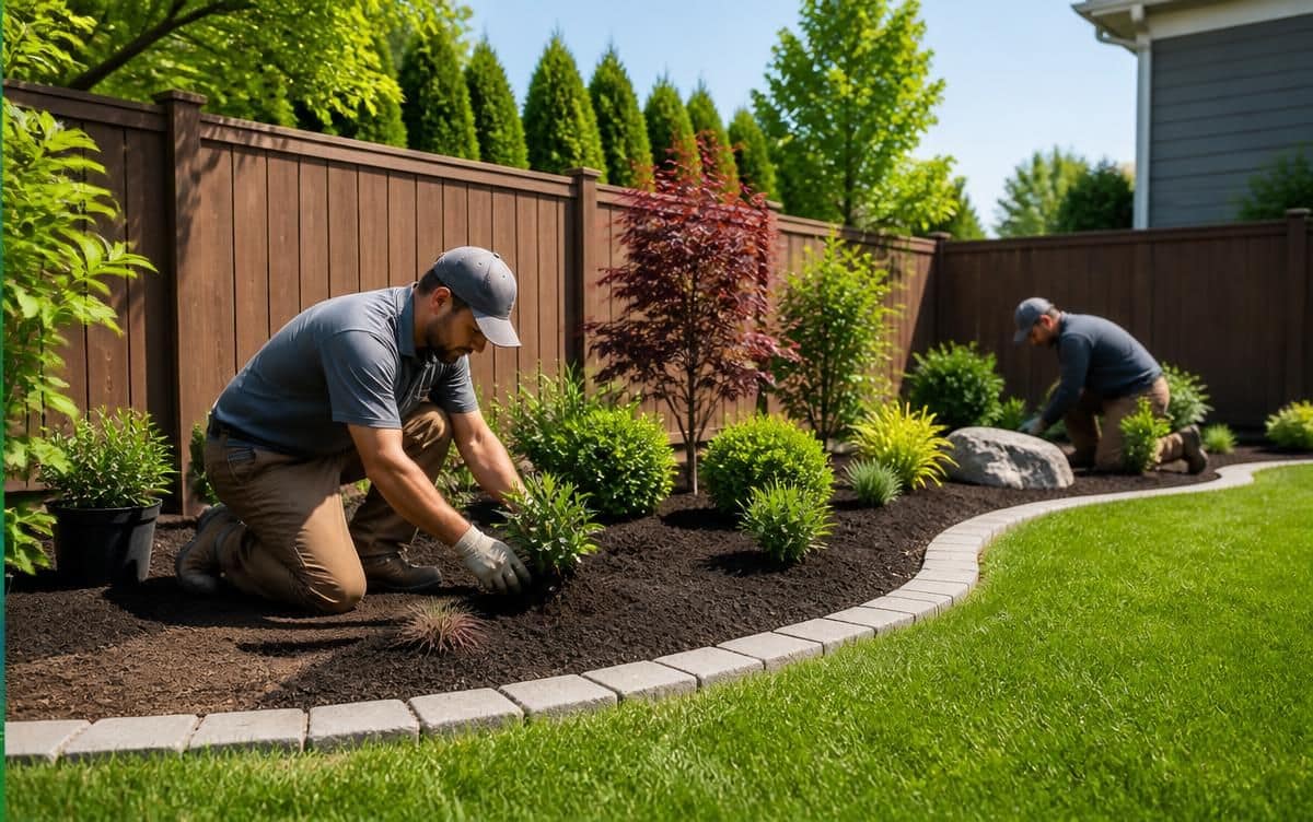 Landscaping crew installing new plants and repairing a residential garden bed with dark mulch and a paver border